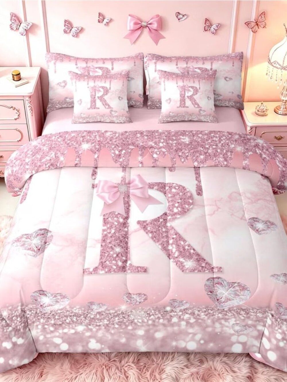 NEW Letters R 7pc bedding Comforter Set & sheets TWIN Girly Pink Bow Modern Cute